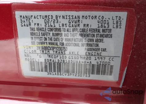 2023 Nissan Sentra Sv Xtronic Cvt из США, поврежденный, VIN 3N1AB8CV3PY230753